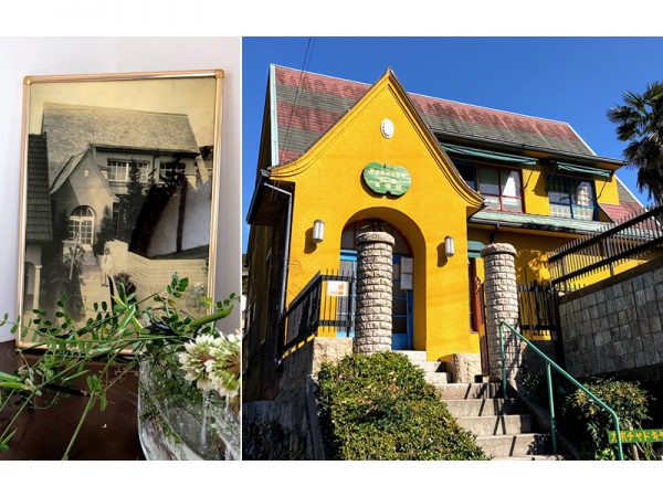 左は「カボチャドキヤ国立美術館」の玄関に飾られている昔の写真。ゆかりの人が持ってきてくれたもので、戦前に撮影されたと思われる。建物の姿は今もほとんど変わっていないことが分かる