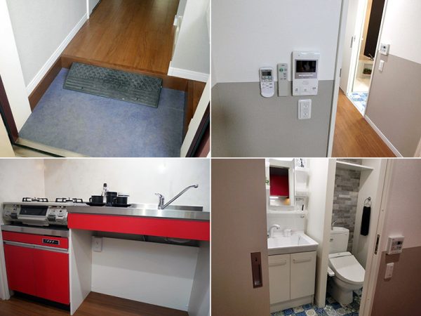左上：玄関にはスロープをつけた／右上：電気のスイッチやインターホンなどは低く設置。壁紙は上下別にしている／左下：キッチンの下は扉をなくし、車いすでも使いやすいつくりに。電気コンロを使う人が多いと聞き、キッチンカウンターの下にコンセント口もつけた／右下：トイレと洗面台は扉をなくして、動きやすいようにした