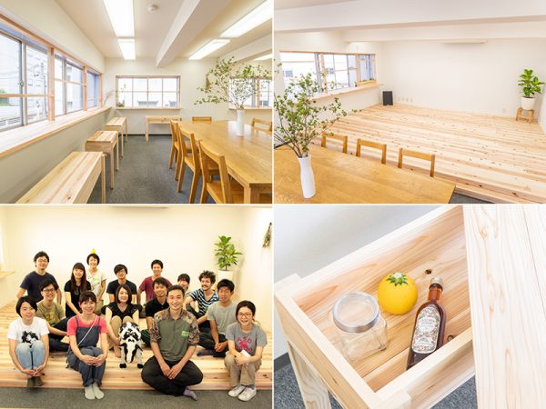 完成した食堂。作業をやりとげたスタッフの清々しい笑顔が印象的（写真提供：KUMIKI PROJECT、坂ノ途中）