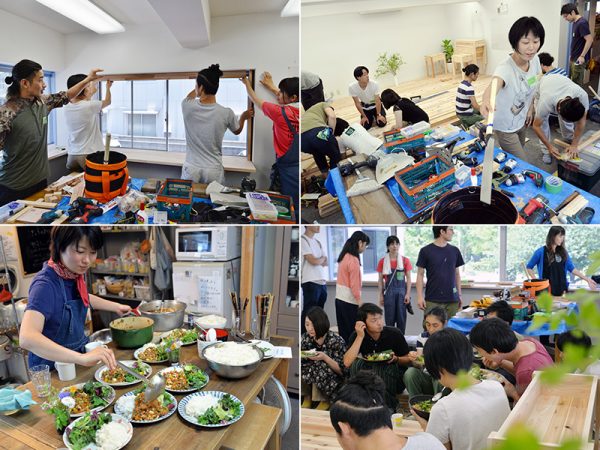 坂ノ途中のリノベーションワークショップの様子（上段）。野菜たっぷりのまかないでランチタイム（下段）