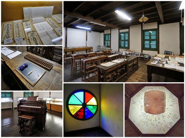 ▲『旧中込学校』では県の文化財保護指導委員が定期的にパトロールを行っており、そのアドバイスを参考に教育委員会で修復について検討している。「近々では、太鼓楼のペンキが剥がれてきているのでそこを補修したい」と生島さん。<br />太鼓楼（写真右下）の天井には東京・ホノルル・ワシントン・ロンドンなど世界の都市の方角が示されている。「当時はテレビもありませんでしたし、そうそう簡単に海外へ行ける時代ではなかったので、自分たちが勉強した都市がどちらの方向にあるか？を、この天井を眺めながら想いをめぐらせていたのでしょうね」。明治時代の子どもたちのロマンが詰まった屋根裏の空間だ