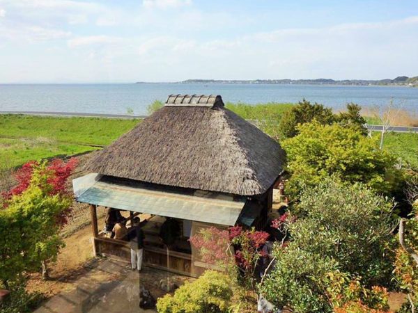霞ケ浦の夕日をのぞめる茅葺き屋根の茶室を修繕した