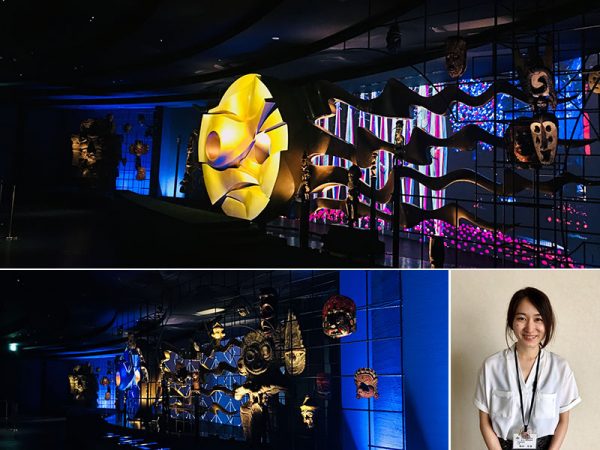博覧会閉幕後、行方不明になってしまった「地底の太陽」も再現（写真上）。当時の地下展示で使用された仮面などもプロローグ空間に展示されている（写真下：左）。お話を伺った梅田彩香さん（写真下：右）