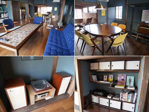 （右上）勉強やPCワークに適したテーブルコーナー（右下）書籍も並ぶ（左下）ターンテーブルとスピーカーもあるので、好きな音楽を聴くことも可能（左上）奥行きのある大きなワンフロアリビング