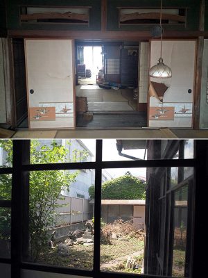 （上）修復前の2階。まずは片付けから始まった（下）建物の奥にある中庭の物置や離れは、これからリノベーションする予定