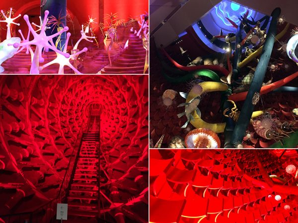 「生命の樹」を巡る空間は、まさに異次元。最下層のアメーバーは大きく光輝く（写真上段：左）。鉄骨躯体があらわになった左腕の部分（写真下段：左）。階段に沿うように連なる壁面「知のひだ」も幻想的（写真下段：右）