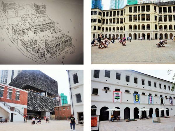 左上:旧警察署内の壁に描かれている大館の全体図のイラスト
左下：真ん中の黒い建物が新しく加わったギャラリー
右上:旧警察署の建物
右下:旧監獄の建物