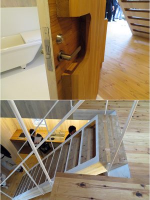 ドア、階段もCLTで作られており、非常に厚い。図面に基づいて工場でCLTを切断、加工などしておけば、現地では組立だけで済む。今回は初めてということで手間がかかったが、慣れてくれば作業は各段に早くなるはずと山中氏は期待する