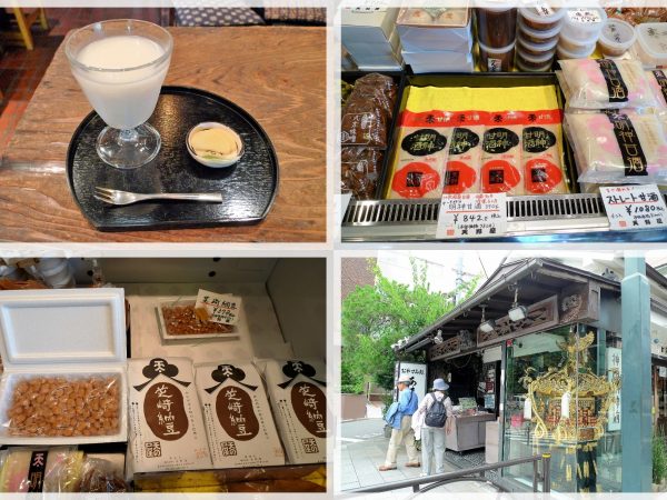 上左）喫茶部の甘酒は「温」が400円、写真の「冷」は450円。</BR>甘酒の上に削った氷をかける甘酒かき氷「冷甘酒」は500円（6月1日～10月10日の限定メニュー）</BR>上右）併設の売店では、おみやげ用の甘酒を販売。甘酒は玉子焼きや肉じゃがなどをつくる際、砂糖の代わりに使用できる</BR>下右）神輿が飾られた店頭。神田明神の参拝客が気軽に立ち寄れる雰囲気だ</BR>下左）甘酒のほか、納豆やみそなど自家製発酵食品も天野屋の名物

