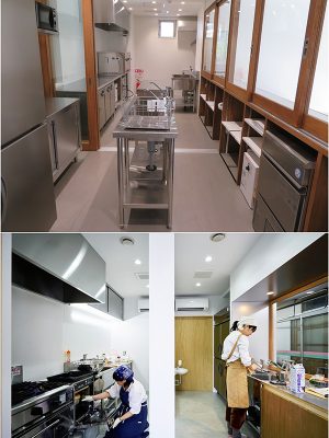 キッチン全景と既存のシェアキッチンの利用風景。女性が大半