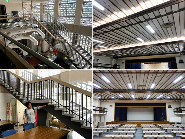 （左上）松下会館エントランスホールの吹き抜け。穴あきブロックを透かして差し込む日光が木漏れ日のようだ。（左下）階段のデザインについて解説中の京都工芸繊維大学助教・笠原一人さん（右上）“大和張り”風につくられた2階ホールの天井（右下）2階ホール。右手上に通風回転窓がある。左右の手すりのデザインもさりげないが美しい（右下写真撮影：笠原一人）