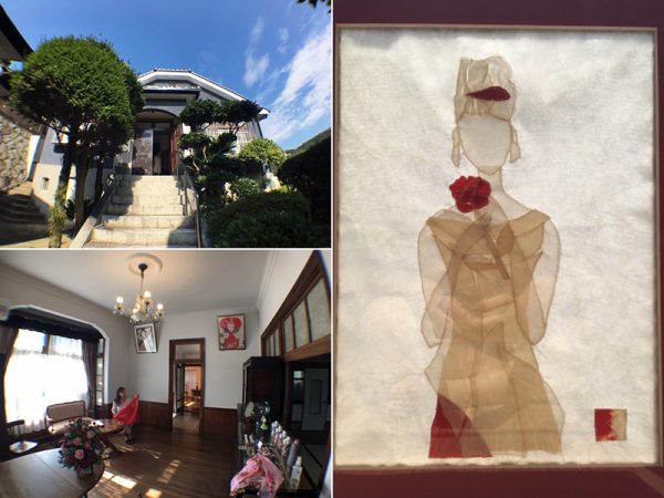 （左上）「山の手ローズ」玄関。両開きのドアが重厚な印象だ（左下）応接室だったと思われる洋室で、布を手にする岡嵜さん。ドアの上、両側に掛けられているのは岡嵜さんの作品だ。「左は桜の姫君、右は薔薇の貴婦人。2人の美人がこの家の主なんです」と岡嵜さん。前の住人が残していったレースのカーテンは薔薇の模様。「建物に山の手ローズと名付けたあとで気付きました。奇遇ですよね」（右）岡嵜さんの布絵「バラの女神」。布からイマジネーションをひろげるそうだ（写真提供：岡嵜久理子）