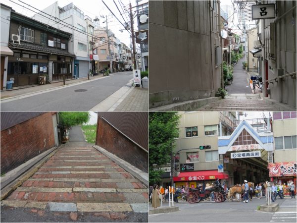 空堀商店街と周辺の坂、階段など。大阪城からかつての熊野街道を通って向かうと、途中に谷等があり、楽しい。商店街の真ん中を谷町筋という通りが通るが、ここは谷になっている。周辺は住宅街なので訪れる時は迷惑にならないようにしたい