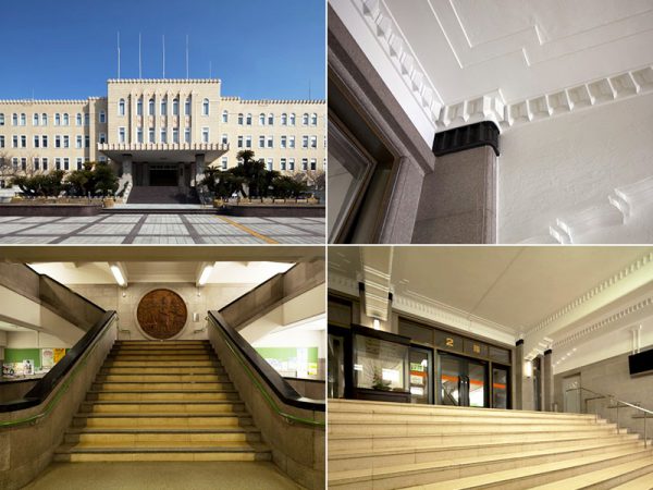 （左上）正面外観。黄褐色の平滑なタイル外壁に立体感あるテラコッタのレリーフが華やかさを加える（左下）玄関を入って正面にある階段。踊り場のレリーフは和歌山に総本社を置く「丹生都比賣命（にゅうつひめのみこと）」を描く（右下）玄関から2階入り口を見る（右上）玄関天井の石膏彫刻