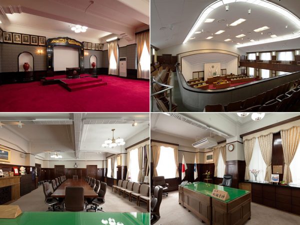 （左上）正庁。正面の「奉掲所」の額縁は艶消しの漆塗りの上に、金箔の鳳凰が描かれている。壁には歴代知事の肖像が並ぶ（右上）本会議場。3階が議場で吹き抜け上の4階に傍聴席がある（下2点）知事室。竣工当時は柄物のカーペットが敷かれていたらしい