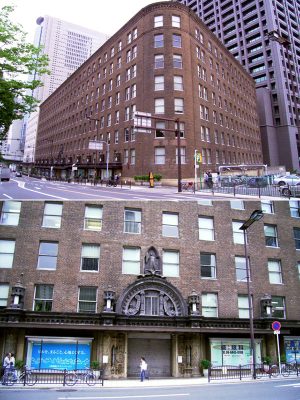 2006年に撮影された旧ダイビル本館。下の写真は多彩なレリーフで飾られた正面玄関。アーチの上に彫刻「鷲と少女の像」がある。この建物は2009年に解体され、外壁の一部が現在のダイビル本館（2013年竣工）の低層部に復元されている（撮影：笠原一人）