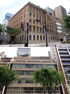 綿業会館。上の写真の左側が1931年竣工の本館（国の重要文化財）で、右手に見えるのが1962年に建てられた新館。どちらも渡辺節の設計だ。モダニズムの新館（下の写真）にも、スクラッチタイルやさまざまな面格子が用いられている（撮影：笠原一人）