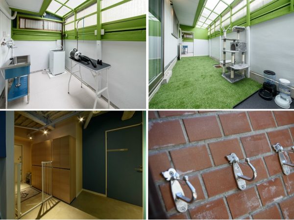 写真上段はグルーミングルームとプレイルーム。写真下段は飛び出し防止のゲート、外に備えたリードフック