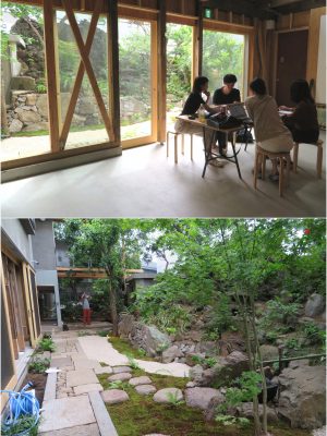 築山のある庭に面したオフィススペースを内側から、外側から見たところ。これがあるだけで他の全く違う空間になっている