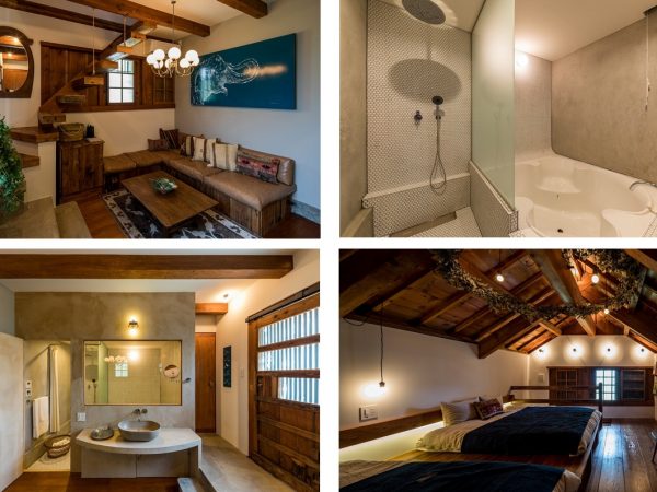 土蔵の内側は、癒やしの空間にリノベーションされた／東涌写真事務所
左上:1階のリビングには壁には⽥中健太郎⽒の象の絵がある
右上:大きいジェットバスが印象的なバスルーム
左下:玄関を開くとすぐの場所にバスルームがある
右下:2階の寝室は木の低い天井で落ち着く雰囲気だ