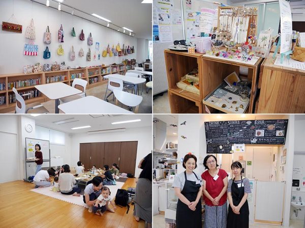 12号棟には、コミュニティカフェ、認証保育所、病児・病後児保育施設、小児科、クリニック、薬局がある。<br>
＜画像左上＞コミュニティカフェななつのこの一角。シェアライブラリーの本は、ライブラリー会員になると借りることができる。壁面はギャラリーになっている<br>
＜画像右上＞個人が制作した雑貨などを販売できるてしごとショップスペース<br>
＜画像右下＞コミュニティカフェななつのこを運営する方たち。中央が代表理事の鎌田菜穂子さん<br>
＜画像左下＞カフェのレンタルスペースではこあがりカフェが開催されていた