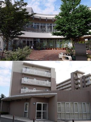 ＜画像上＞「コーシャハイム千歳烏山」の12号棟施設外観<br>
＜画像下＞1号棟、一般賃貸住宅。居住者が事前予約のうえ利用できる貸しスペース、集会室がある。備蓄品を保管する防災倉庫の役割も