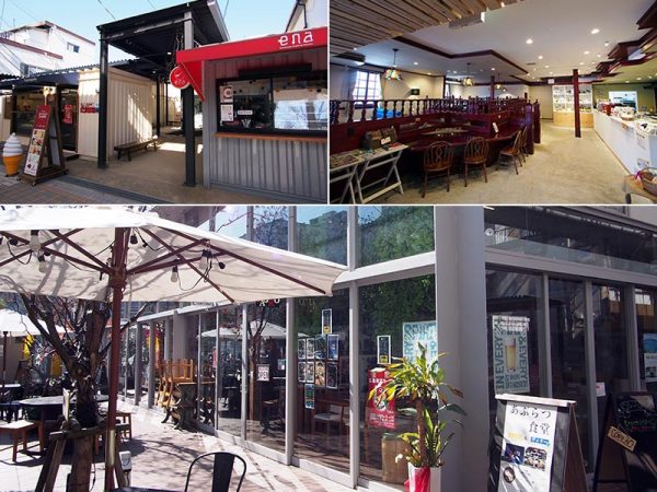 左上）コンテナ活用の小規模店舗「ABURATSU GARDEN」　</br>右上）商店街のリノベーション第一号となったのは、15年前に閉店した喫茶店　</br>下）テラス通りがつくられ明るくなった商店街の一角には「あぶらつ食堂」もある