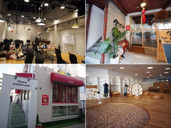 左上）商店街の中には11ものIT企業のオフィスがある　右上）ゲストハウス「fan! -ABURATSU-」</br>左下）2階にはカフェも併設する小規模保育事業による保育施設「油津オアシスこども園」</br>右下）日南市の子育て支援センター「ことこと」には飫肥杉（おびすぎ）がふんだんに使われている