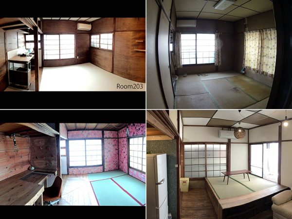 「ブラフテラス」シェアハウス部分のリノベーション前後の写真<br>
画像上左：アイボリィアーキテクチュアさんが設計、施工したROOM203<br>
画像上右：リノベーション前のお部屋<br>
画像下左：クリエイター・ドゥイさんがデザインしたROOM201<br>
画像下右：畳の小上がりとお庭がついたROOM103<br>