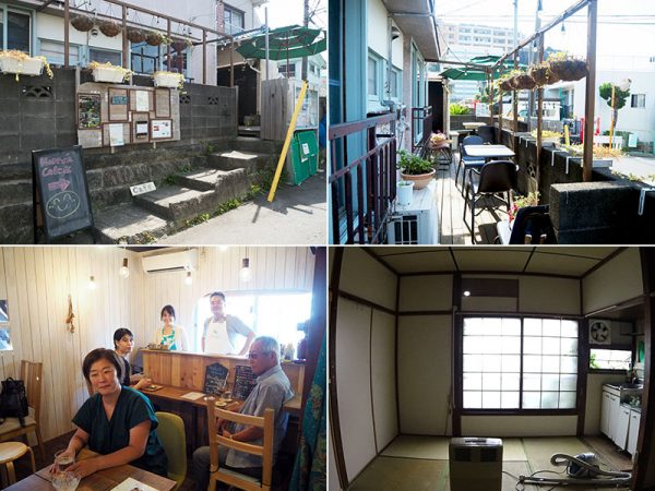 「ブラフテラス」シェアカフェ部分のリノベーション前後の写真<br>
画像上左：リノベーション後のシェアカフェ入口外観<br>
画像上右：リノベーション後のシェアカフェテラス部分<br>
画像下左：リノベーション後のシェアカフェ内観<br>
画像下右：シェアカフェ部分はリノベーション前、6畳・キッチンなしの和室だった<br>