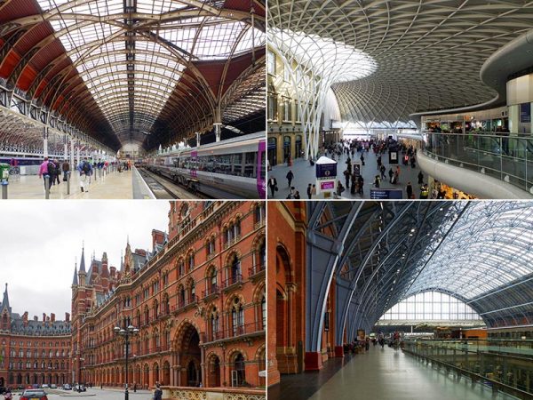 （左上）パディントン駅構内（右上）キングズ・クロス駅。左手に見える19世紀の建築に対して、曲線を多用したフューチャリスティックなデザインで増築。新旧の対比が斬新だ（左下）建築家ジョージ・ギルバート・スコットが設計したセント・パンクラス駅外観。中はホテルになっている（右下）セント・パンクラス駅構内。この部分はエンジニアのウィリアム・バーロウが手掛けた