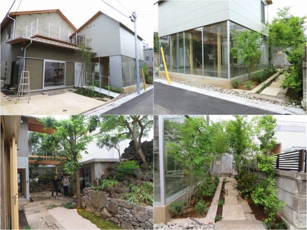 左上から時計回りに。左がオフィスの入り口、右がカフェ。カフェを庭へ繋がる通路から見たところ。庭へ繋がる通路。築山のある庭。奥にももうひとつ、庭がある