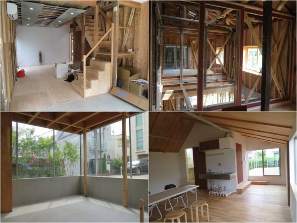 左上から時計周りに。1階のオフィス部分。2階のオフィス部分。いずれもこれから入居者とともに作っていくことに。住宅部分もごくシンプルに作られている。カフェは既存のコンクリートの基礎などを利用した部分も