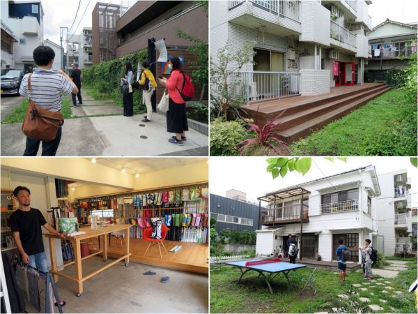 左上から時計周りに公道から見たカマタ_クーチ。奥に見える白いタイルのマンションとその左側の一戸建てを含む空間がカマタ_クーチ。<br>マンションのベランダ部分を階段状にして人が集えるように改装されている。<br>暗渠に面した廃墟を撤去した場所はあえて空地にし、卓球台などを置いている。<br>マンションの1階に入居している屋外広告を再利用したグッズを作るアトリエ、蝉の内部