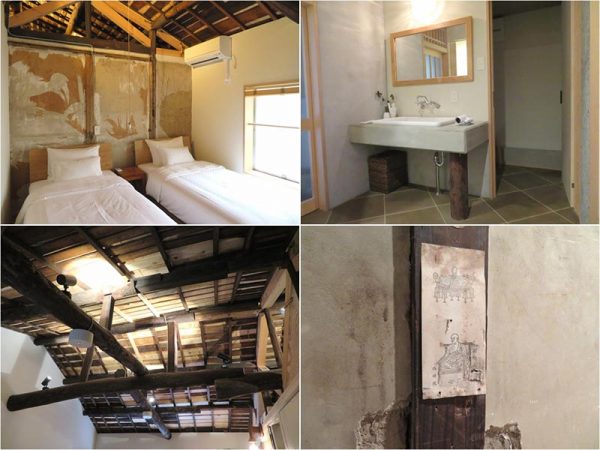 まるでアートのように見える壁や立派な梁、かつて住んでいた人が残したお札、廃材を利用した洗面台と部屋ごとに個性があり、どこに泊まるかを考えるのも楽しい