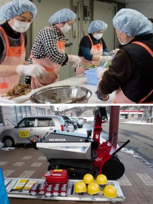 設備を整え広いスペースに生まれ変わった加工所。ここで加工された山菜などが「仙道てんぽ」の直売スペースやGBビジネスとして県外に出荷される予定だ（写真上）。倉庫には除雪機などが整備された（写真下）