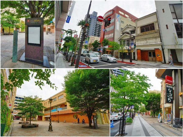 ▲JR『山形』駅から徒歩15分。周辺の風景を眺めながら『七日町商店街』へと向かうと、商店街のエリアに入ったとたん、突然街並みが華やかに変わる。美しい並木道、SNS映えしそうなお洒落な店舗、話題のレストラン…こうした街の華やぎは商店街主導で創られたものだ（写真左下は商店街が自ら空き地を借り受け広場として活用した『ほっとなる広場』）