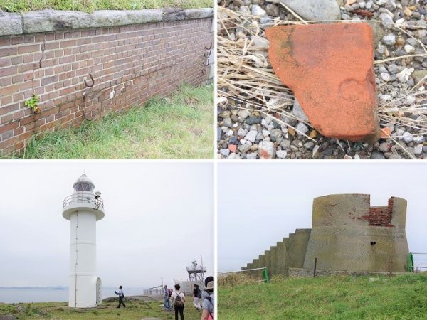 （左上）第二海堡にはレンガの建造物が多い。耐水性の面から通常より長めに焼いた「焼き過ぎレンガ」が使用されていたという（右上）レンガの中には検品用の桜マークがついたものも<br />（左下）灯台は現在も使用されている（右下）東京湾を見渡せるトーチカ。残念ながら登ることはできない