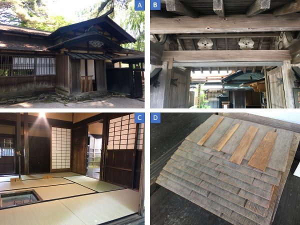 岩橋家の屋敷正面、懸魚（げぎょ）の飾りが意匠を凝らしている（写真A）。ちなみに岩橋家は木羽葺屋根で、杉を用いた「ザク割」という技が使われる（写真D）。青柳家の薬医門は万延元年（1860年）建立（写真B）。表座敷は畳敷きで、ここにはお客様や主人しか立ち入れなかった（写真C）