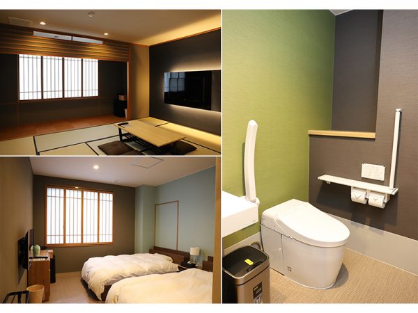 サポートイン南知多の客室。シックで落ち着いた雰囲気が漂う。すべての客室に車椅子で利用できるトイレを完備