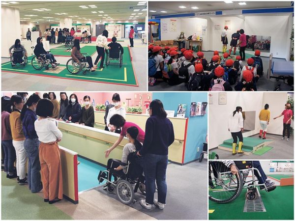 車いす体験では、段差や扉の開け閉めなど障害物のある道を移動。高齢者疑似体験では、関節の動きを低減する装具をつけ階段の上り下りをおこなう