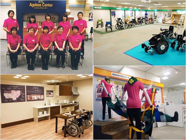 写真左上：フロアスタッフのみなさん。家族介護の経験者が多く、親身になって相談にのってくれる 右上：自走用・介助用の車いすの他、坂道走行も負担の少ない電動車いすなどが並ぶ　左下：バリアフリー住宅のモデル展示  右下：ユニバーサルデザインの防災コーナー。災害時には誰もが要援護者になる可能性がある