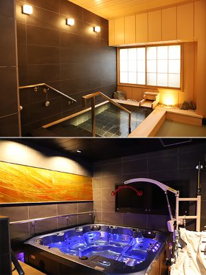 (上）ヒノキ造りの浴室（下）ジェットバスの貸切風呂には介助用のリフトを完備