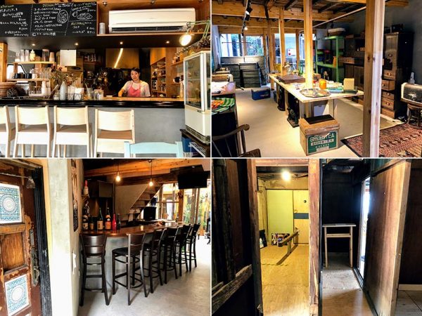 （左上）食堂。カウンターでコーヒーを淹れてくれたのは、イラストレーターの望月梨絵さん。北加賀屋の噂を聞いて山形県から移住し、アトリエを構えたという（右上）商店。店内には椅子や家具のほか、トレイや弁当箱などの雑貨、雑誌類も並ぶ（左下）バー。既存のカウンターは磨いて設置し直した（右下）「部屋プロジェクト」を展開する2階。部屋の仕切りも斜めで迷路のよう