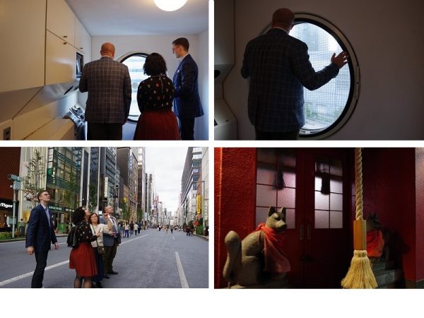 中銀カプセルタワービル内部（上）、銀座通りを歩くだけでも名建築がたくさんある（左下）<br />ビルの谷間には、商売繁盛を願う小さな稲荷神社がたくさんあるそう（右下）