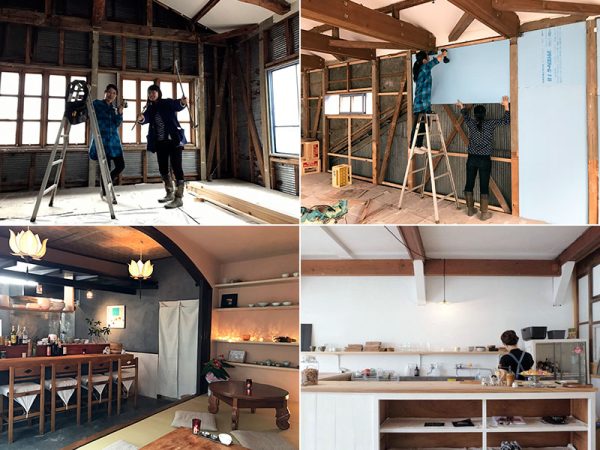 （上2点）リノベ施工中の様子。左は芳澤さんと木村さん（左下）jasmine1階でテスト営業を行った「金木犀」。現在は福江港の近くに移転して、早朝に入港するフェリーで福江島に着くひとびとに朝食を提供している（右下）不定期で営業中の「ゆみどりcafe」（写真提供：芳澤瞳）