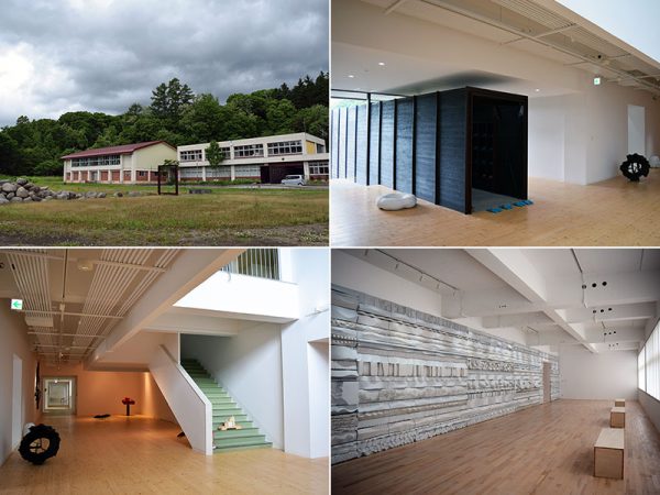 （左上）閉校記念碑と「かぜのび」外観（右上）エントランスのトンネルをくぐった先の「かぜのび」内部（左下）玄関ホール。スタイリッシュな空間に学校時代の面影が残されている（右下）元職員室は、巨大なテラコッタの作品の展示室に