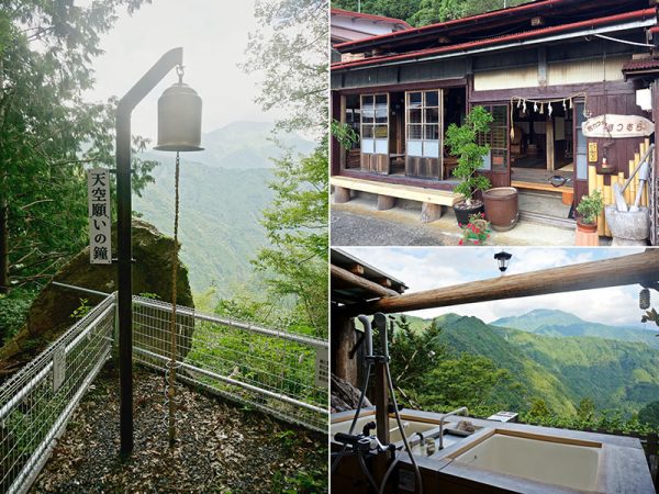 【写真左】「天空願いの鐘」。神社で短冊に願いを書いてから鐘を鳴らす。<br>【写真右上】民宿の隣にあるカフェ。中には昔の家具や電話、農機具などが展示されていて、博物館のような雰囲気。客は縁側のちゃぶ台やカフェの前に作られたテラスで景色を楽しみながらのんびりできる。<br>【写真右下】目の前に麻布山を望む藤谷さん自慢の絶景露天風呂。浴槽の回りも手の込んだ装飾がなされ、石造りの庭園のような雰囲気が漂う（利用料別途¥500）。<br>◆「名所も何もない」とは言うが、数年かけて作ってきた藤谷さんの想いのこもったおもてなしスポットが集落のあちらこちらに完成している