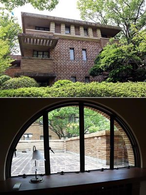 客室のバルコニーには採光のため、ひさしにスリットが切られている（上）。応接室にあるアートグラスの窓（下）