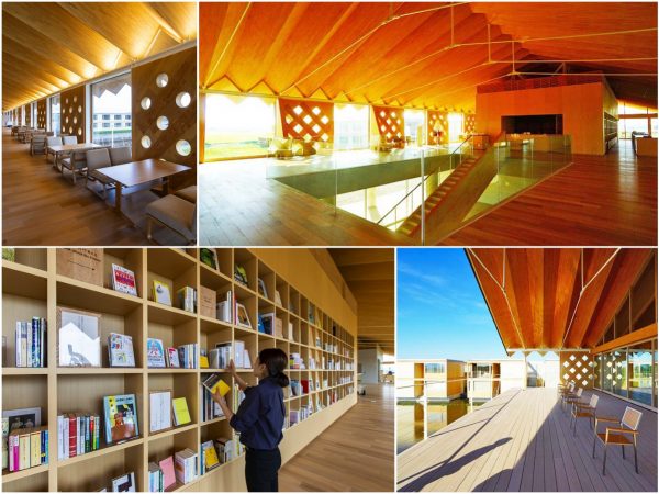 ▲“坂茂建築”の卓越した意匠性が感じられるパブリックスペース。ライブラリーには約1000冊の蔵書があり、子ども向けの絵本から地域の歴史に関する本まで、木製の本棚にズラリと並んでいる。他にも、米どころ庄内自慢の地酒や地元食材・工芸品等を販売するスーベニアショップ、会議室として利用できるビジネスルーム、フィットネスジム、宿泊客専用の天然温泉等も併設されている
